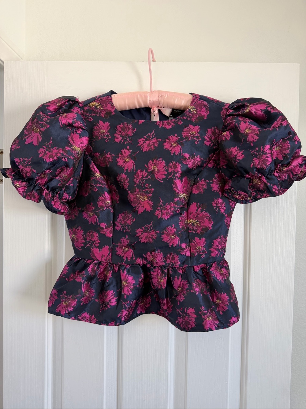 AQUA Navy Jacquar Peplum Top Size S - Picture 8 of 14